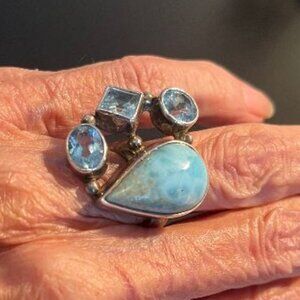 Stunning Silver Ring with Large Larimar Stone Offset by 3 Aquamarine Stones